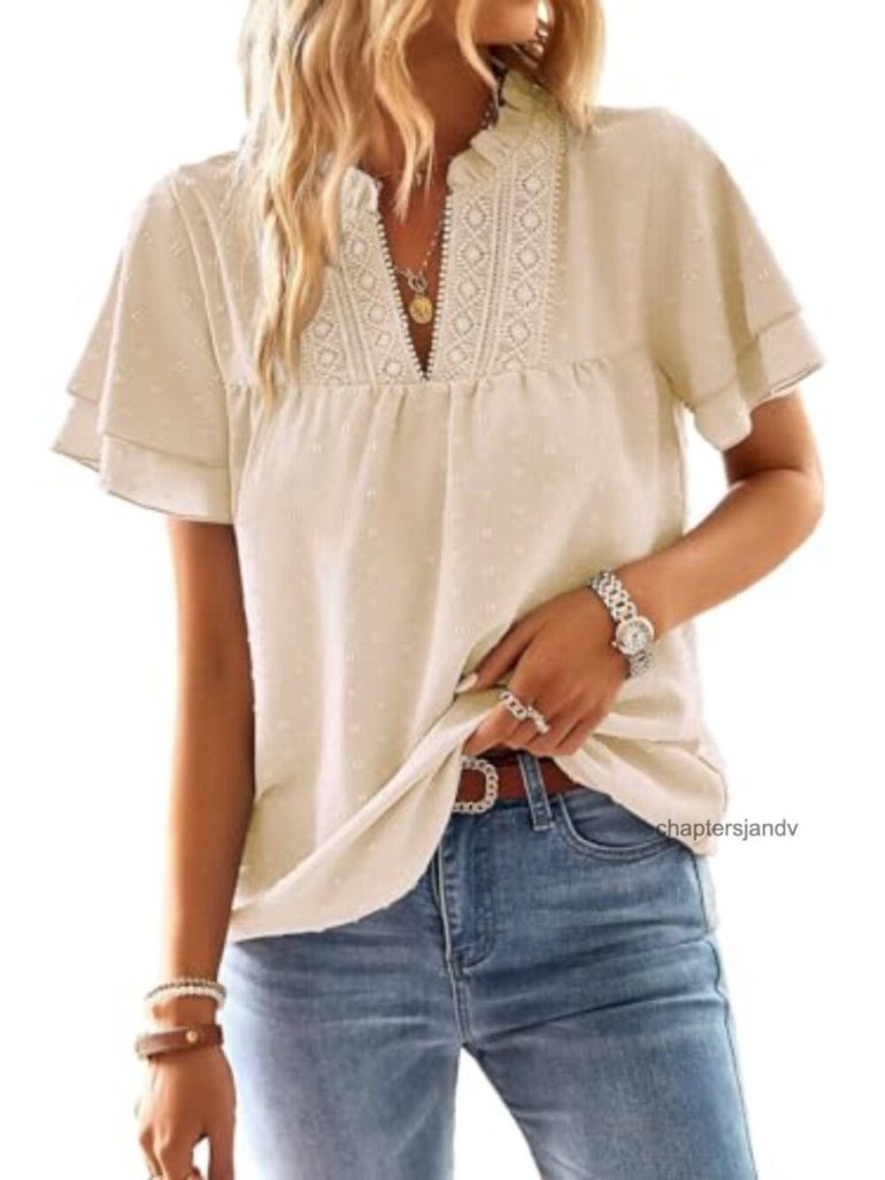 Women's Boho Flowy V-Neck Blouse Short Sleeve